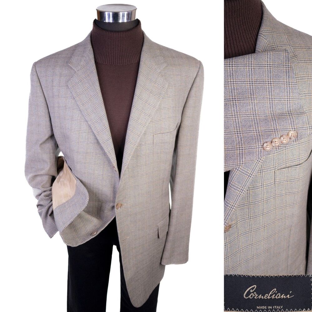 Corneliani Silk Wool Sport Coat Blazer Casual Jacket Sz 46L Windowpane 3 Button